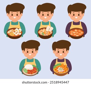 The boy with Indonesian spicy food set collection vector illustration