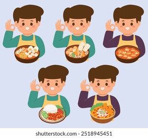 The boy with Indonesian spicy food set collection vector illustration