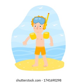 Boy in inflatable armbands learns to swim. Red hair Child plays on beach. Mask for underwater diving. Summer holiday or vacation at sea. Cartoon flat illustration