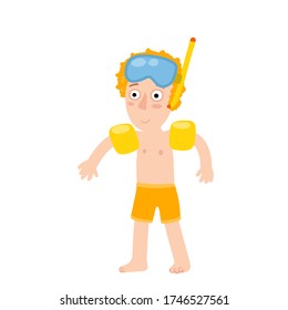 Boy in inflatable armbands learns to swim. Red hair Child plays in water. Mask for underwater diving. Summer holiday or vacation at sea. Cartoon flat illustration