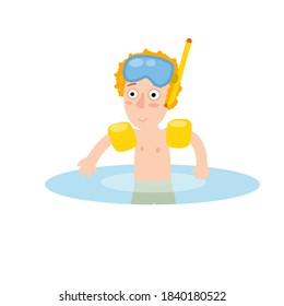 Boy in inflatable armbands learns to swim. Red hair Child plays in water. Mask for underwater diving. Summer holiday or vacation at sea. Cartoon flat illustration