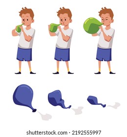 El niño infla un globo, soplando fuerte en globo de aire, colección de iconos, ilustración plana vectorial aislada en fondo blanco. Globo en diferentes etapas de inflación.