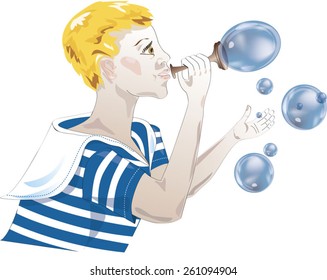 Boy inflates bubbles, picture in retro style.