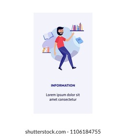 Boy in information environment - smiling young guy flying in weightlessness surrounded by books and documents. Isolated flat cartoon vector illustration of search data concept for vertical banner.