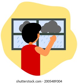 Boy inside house. Boy wants to play but it is raining outside concept. Vector and illustration.