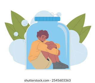 Boy inside jar. Schoolboy sitting in closed space. Overprotection and hypercare. Negative feelings and emotions. Depression and loneliness. Flat vector illustration isolated on white background