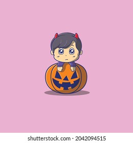 niño dentro de las calabazas Halloween trabajos de ilustración usando dracula trompeta vectorial icono	
