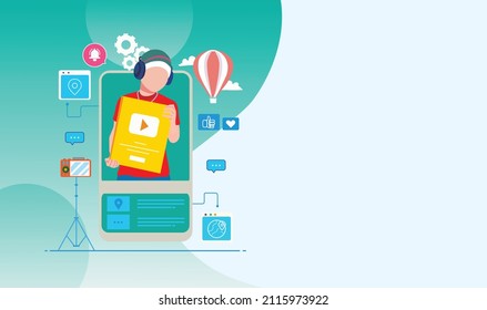 boy inside a smartphone wearing the headset for content creator illustration concept. Youtuber as a job for people and new business income