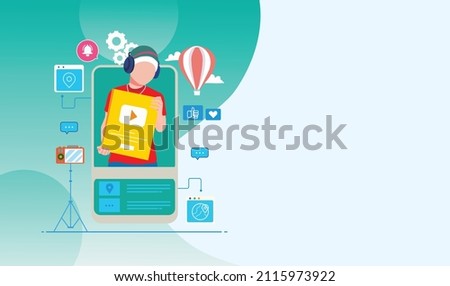 boy inside a smartphone wearing the headset for content creator illustration concept. Youtuber as a job for people and new business income
