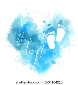 It's a boy -  inspirational handwritten modern calligraphy lettering on watercolor painted heart. Template typography for t-shirt, prints, banners, badges, posters, postcards, etc.