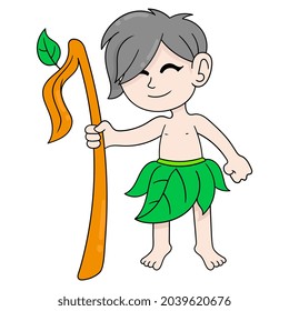 boy of the interior tribe wearing clothes made of leaves, vector illustration art. doodle icon image kawaii.