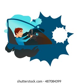 Boy into a car crash. Flat cartoon vector illustration.