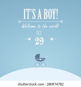 It's a boy invitation for baby shower. Vintage classic look with retro stroller. Creative typography text. Eps10 vector illustration.