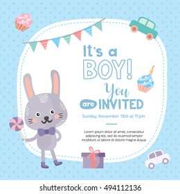 It's a boy! Invitation card template with cute rabbit. Baby shower card with car toys, cake, gift. 