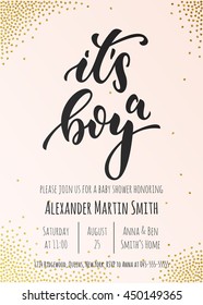 It's a Boy invitation party card template. Baby shower celebration design. Hand drawn calligraphy classic lettering.