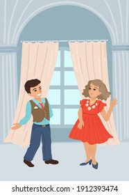 The boy invites the girl to a dance, a children's ball, an invitation, smart children, a secular evening, manners. Couple in the lobby. Cartoon illustration, character design