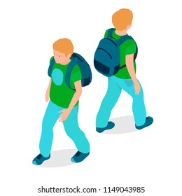 A boy is isometric in different angles. A teenager with a backpack is walking.
