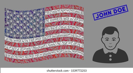 Boy items are grouped into USA flag mosaic with blue rectangle grunge stamp watermark of John Doe text. Vector concept of America waving flag is designed with boy items.