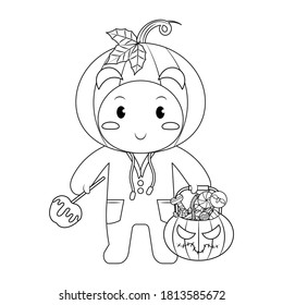 Boy in Jack o Lantern costume and pumpkin bucket   candies vector illustration cartoon isolated white background  Halloween trick treat boy  Pumpkin costume little boy coloring page  