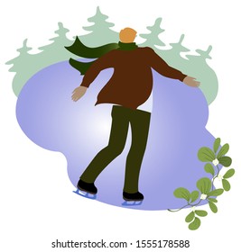 Boy in a jacket and scarf skates on ice on the background of spruce forest. Winter landscape. Christmas card with mistletoe branch. EPS10 vector illustration