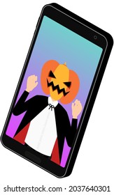 Boy in jack-o'-lantern costume having an online Halloween party on his phone, isometric.