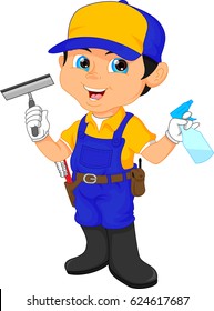 boy janitor in a blue suit holding cleaning tools