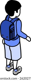Boy with a Japanese school backpack on his back, seen from behind - Blue Monochrome