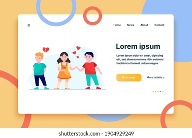 Boy jealous of girl to her friend. Children playing romantic relationship and heartbreak flat vector illustration. Childhood, friendship concept for banner, website design or landing web page