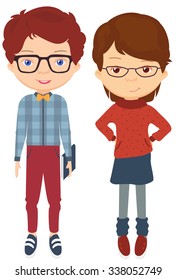 Boy in jeans, plaid shirt, sneakers and bow tie. Girl in a sweater, skirt and glasses. Vector cartoon illustration