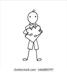 Boy with jigsaw puzzle in hand isolated on white background. Hand drawn vector illustration in cartoon doodle style.  autism 