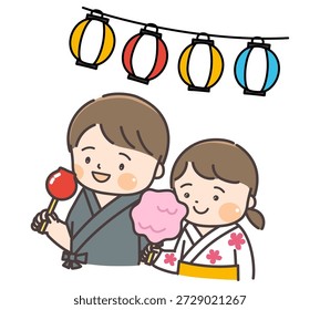 Um menino em um jinbei segurando uma maçã doce sob uma lanterna de papel e uma menina em um yukata segurando algodão doce.