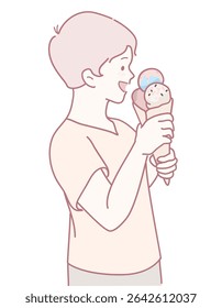 A boy joyfully enjoys his creamy ice cream cone, capturing the essence of childhood delight on a summer day