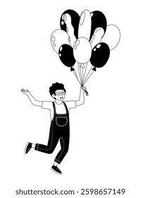 Boy joyfully holding colorful balloons while wearing overalls and glasses outdoors