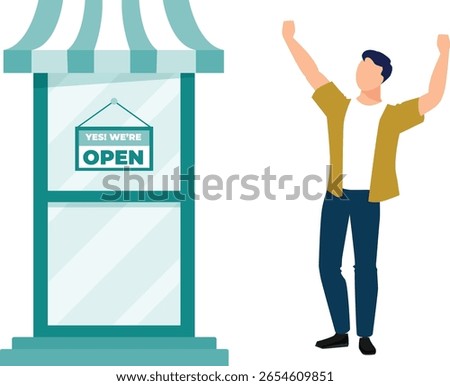 The boy joyfully inaugurates his store, cutting the ribbon amidst cheers, balloons, and proud smiles, marking a new beginning in business and community.
