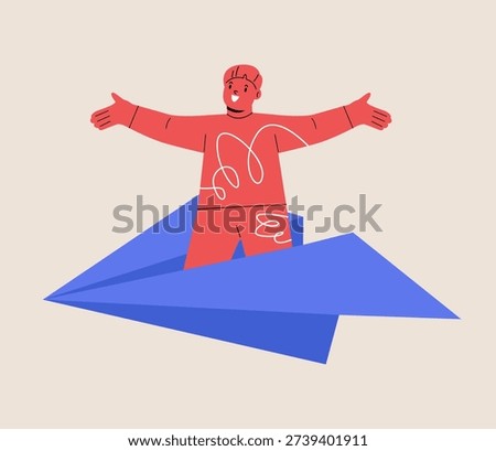 Boy joyfully rides a paper airplane. Colorful vector illustration

