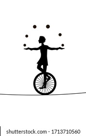 boy juggler, he juggles balls with unicycle on  the rope, circus silhouette, shadow story, vector