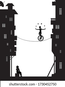 boy juggles balls with unicycle on  the rope in the  city houses, dreams vector