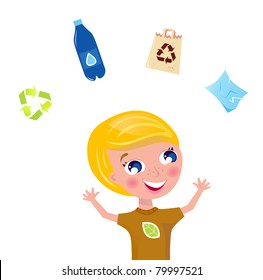 Boy juggling with pet bottle, recycle sign, paper and eco bag. Vector Illustration.