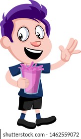 Niño con jugo, ilustración, vector sobre fondo blanco.
