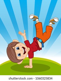 Boy Jump - Dancing with background Cartoon vector illustration