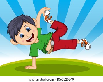 Boy Jump - Dancing with background Cartoon vector illustration