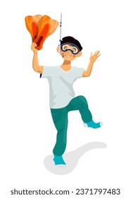 Chico salta con aletas sobre fondo blanco. Fondo aislado del vector blanco. Niño yendo a vacaciones de verano. Feliz salto infantil.