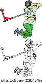 Boy jump upward with his stunt scooter bike, isolated against white. Hand drawn vector illustration.