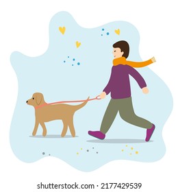 Muchacho en Jumper caminando con un departamento de perro  ilustración vectorial. Dibujo sencillo y elegante.
