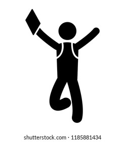 Boy jumping with bag and paper symbolizing happy student icon 