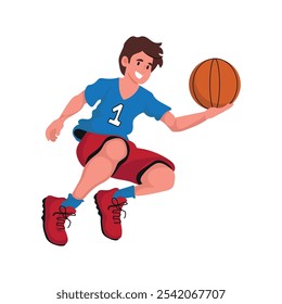 Junge mit Basketball in der Hand springen, Basketballspieler. Vektorgrafik.