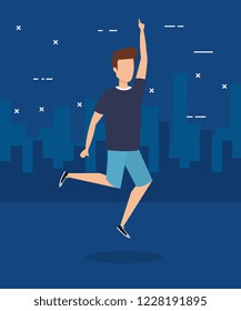 Boy jumping and city design