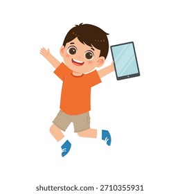 Junge springen aufgeregt, während Tablette für fröhliche digitale Spielzeit halten