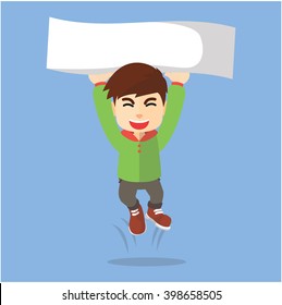 Boy jumping holding with paper