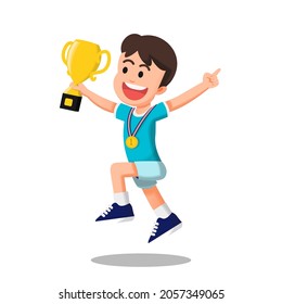 Boy jumping holding a trophy and wearing gold medal